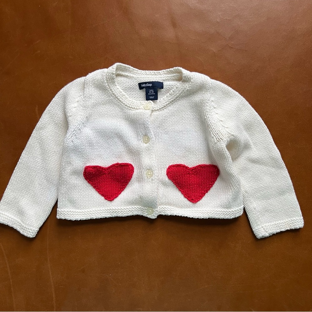 GAP Baby White Cotton Cardigan with Heart Pockets, 6-12mo